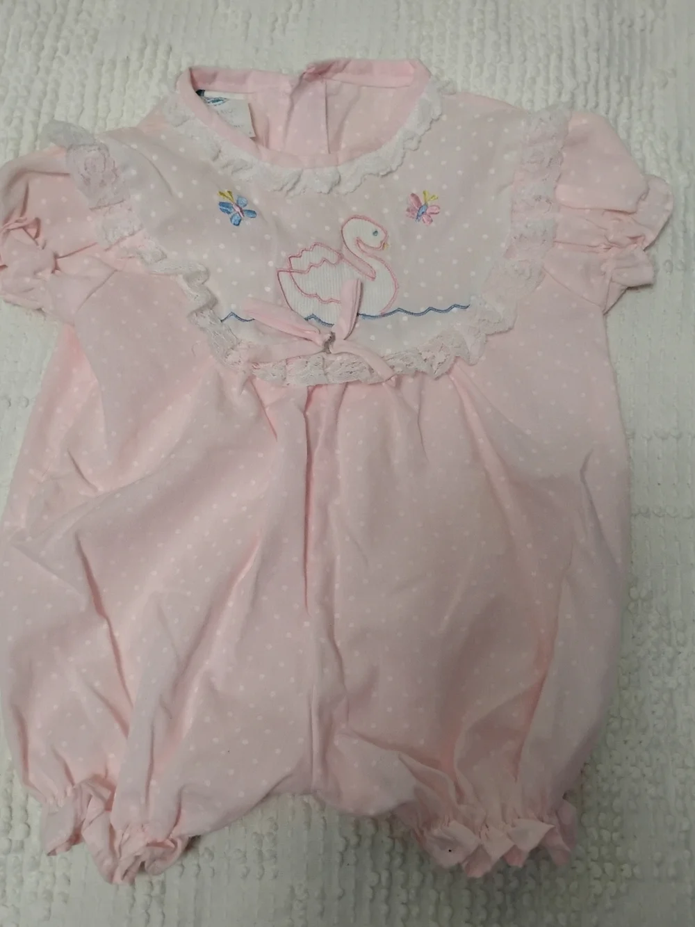 Vintage 80s Cradle Togs Baby Girl Pink Swiss Dot Bubble Romper Swan Embroidered